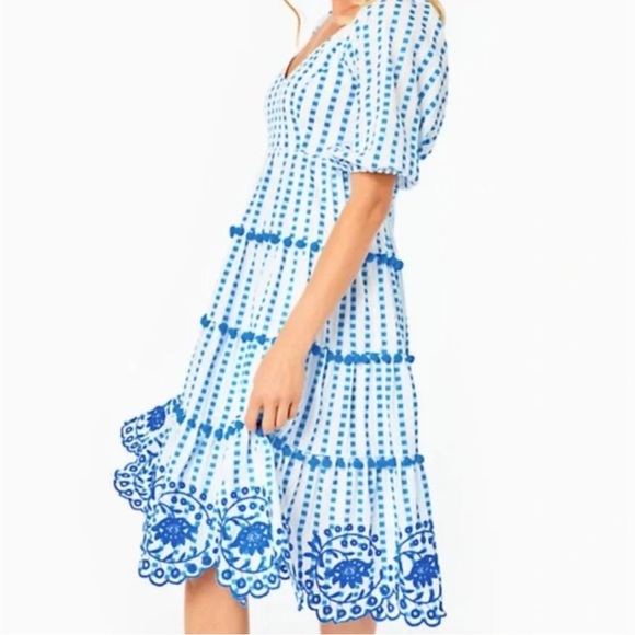Lilly Pulitzer Midi Sidney Dress in Gingham Stripe Jacquard Blue White Size 14 - Picture 4 of 9